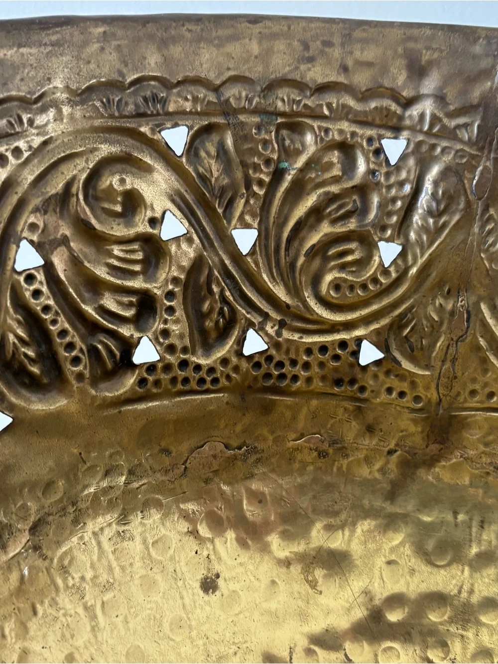 Brass Pedestal Bowl with Embossed Floral Motif - Gold Tone